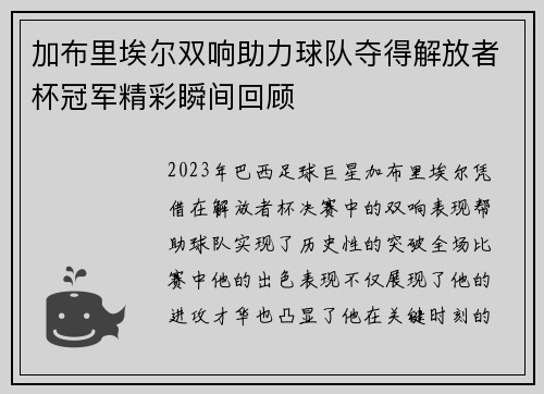 加布里埃尔双响助力球队夺得解放者杯冠军精彩瞬间回顾